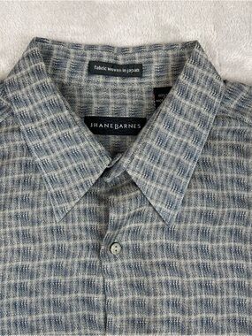 Jhane Barnes Men's XL SS Button Up Japanese Woven Fabric Shirt Blue Gray